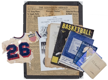 Collection of (9) Kenny Rollins Memorabilia Including 1948 Olympic Basketball Jersey Remnants and Paper Documents (Family Letter of Provenance)